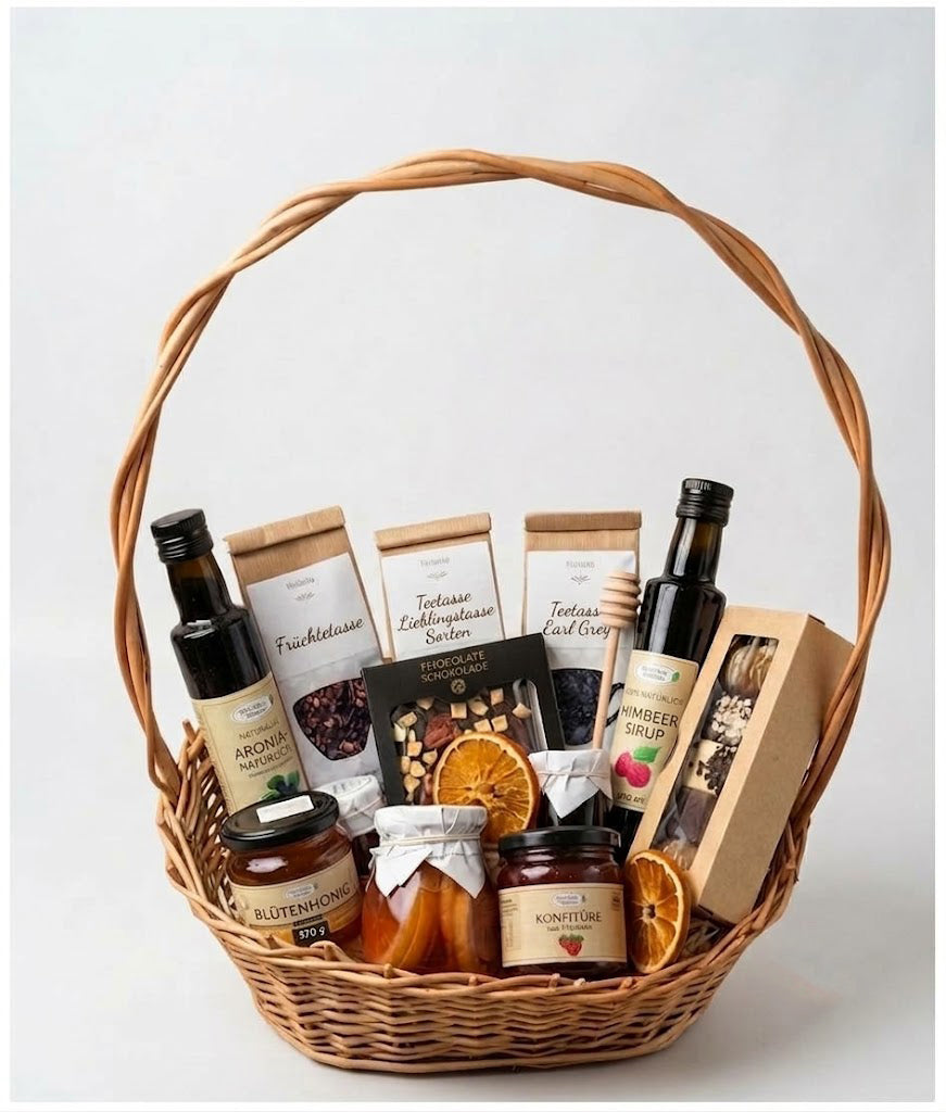 GESCHENKKORB BLÜTENHONIG TEE KONFITÜRE SIRUP WEIHNACHTEN OSTERN