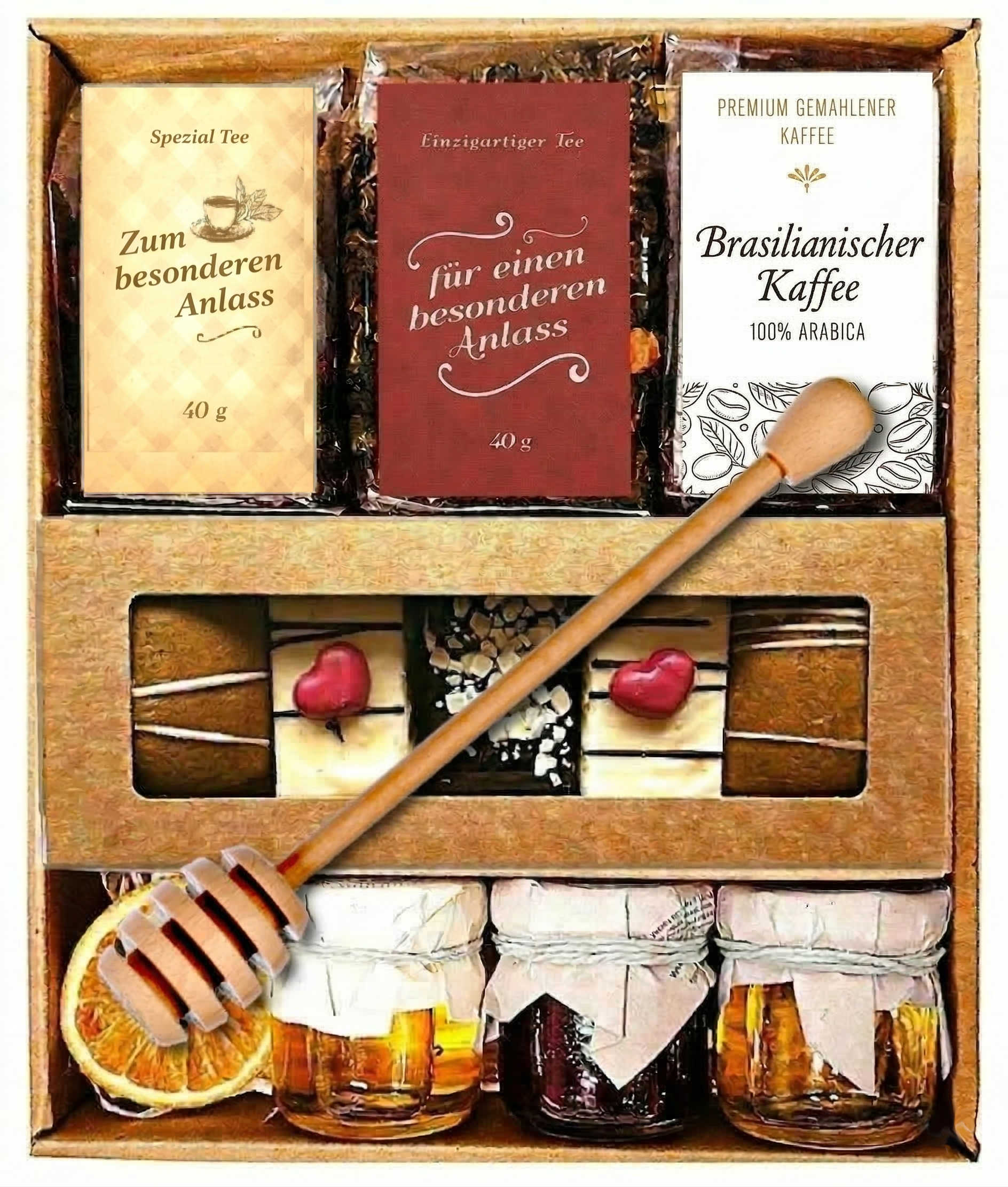 Geschenkkorb mit Honig Tee Schokolade Konfitüre dekorativem Korb voller natürlicher Genussmomente
