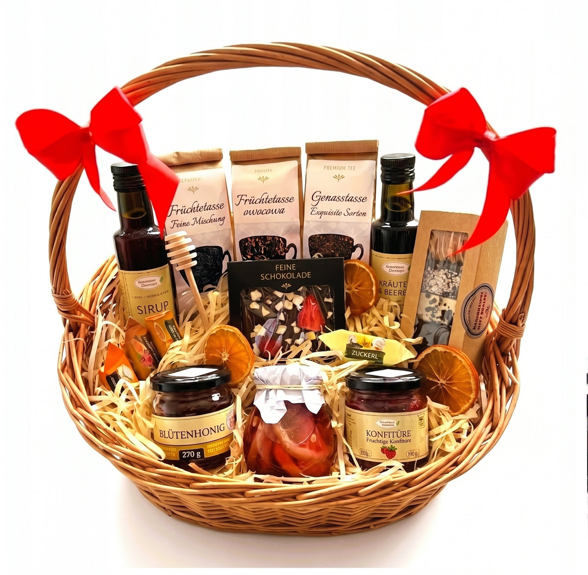 GESCHENKKORB GESCHENK BLÜTENHONIG TEE KONFITÜRE SCHOKOLADE WEIHNACHTEN OSTERN
