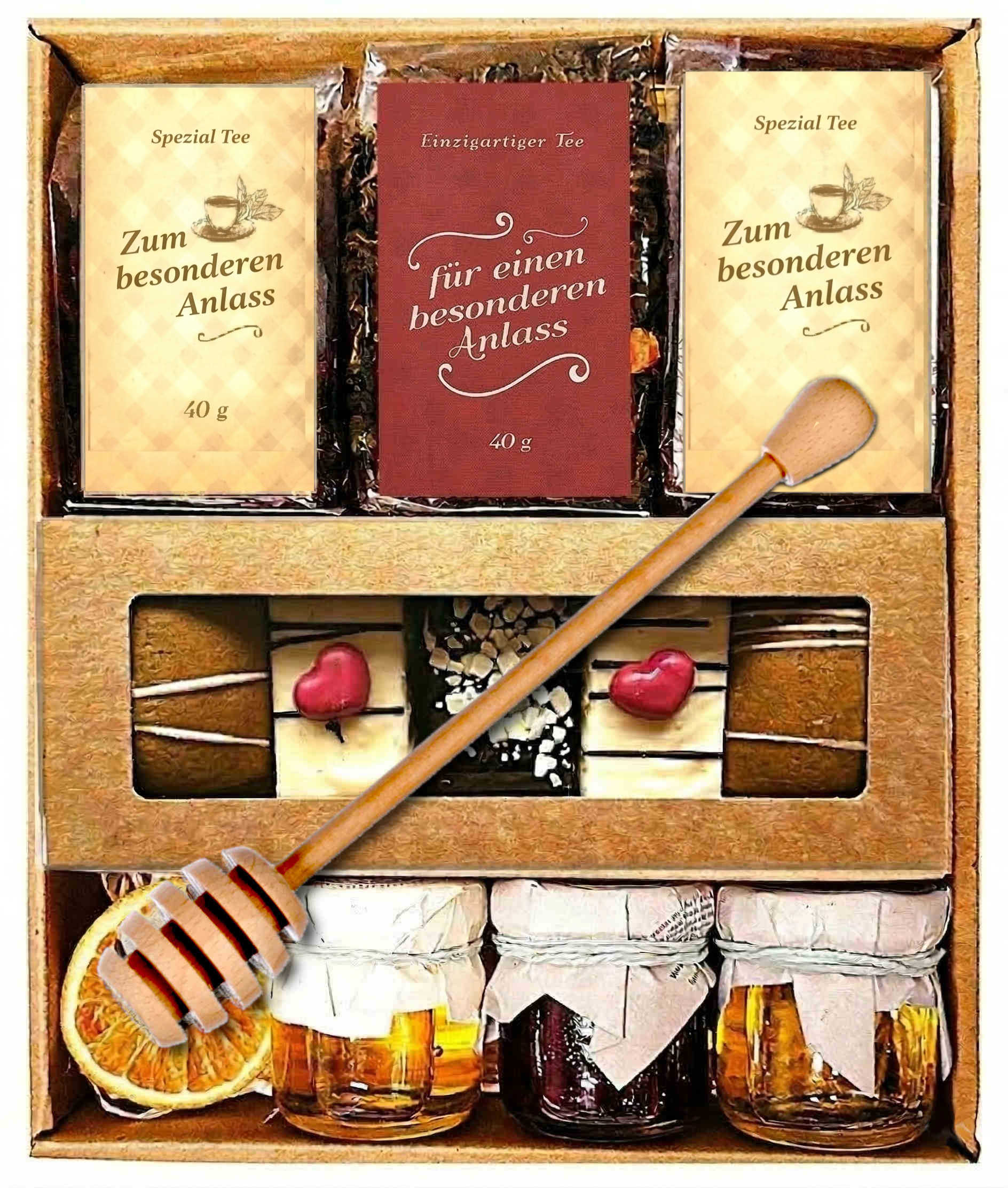 Geschenkkorb mit Honig Tee Schokolade Konfitüre dekorativem Korb