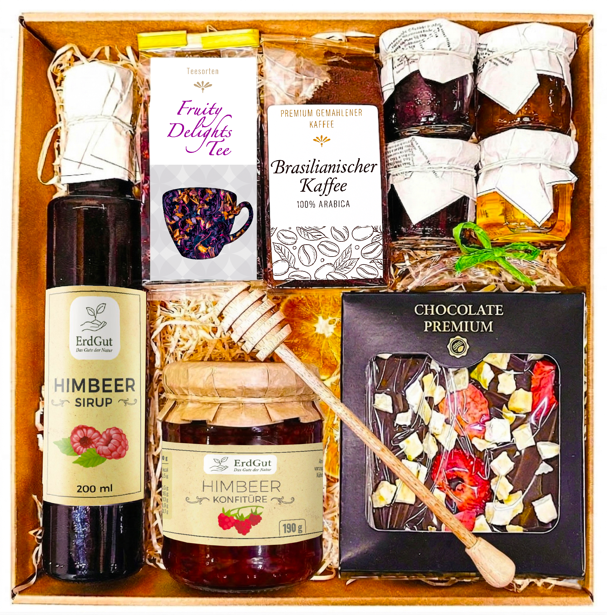 Geschenkbox mit Tee, Kaffee, Himbeer-Spezialitäten & Schokolade
