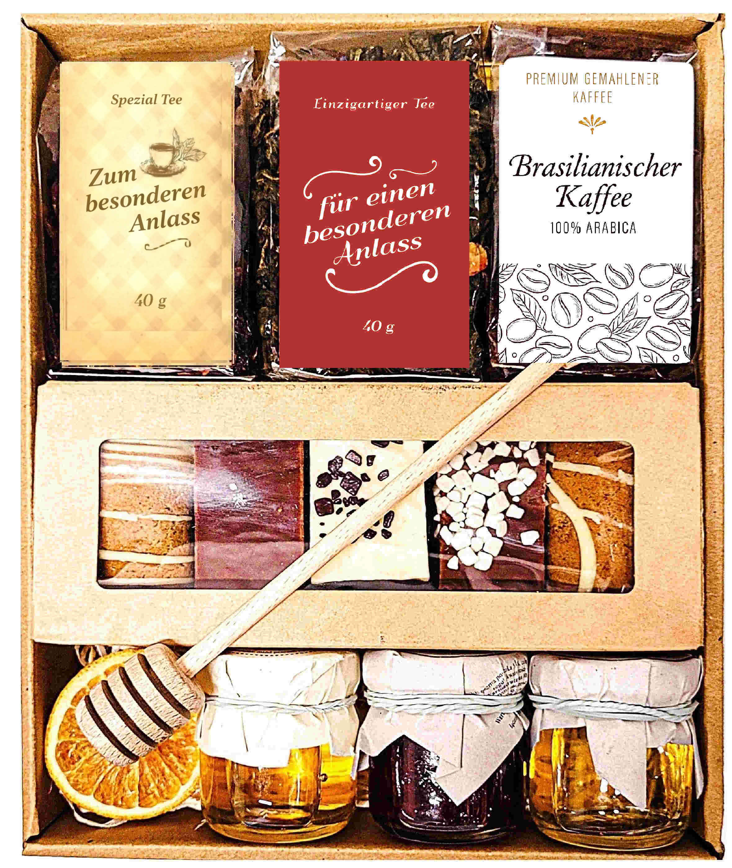 Geschenkkorb mit Honig Tee Schokolade Konfitüre Sirup Geschenkset