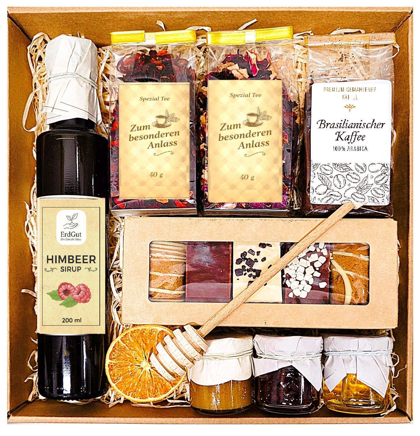 Geschenkkorb mit Honig Tee Schokolade Konfitüre Nüsse Geschenkset Box