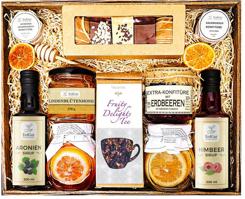 Geschenkkorb mit Honig Tee Schokolade Konfitüre Saft Geschenkset –